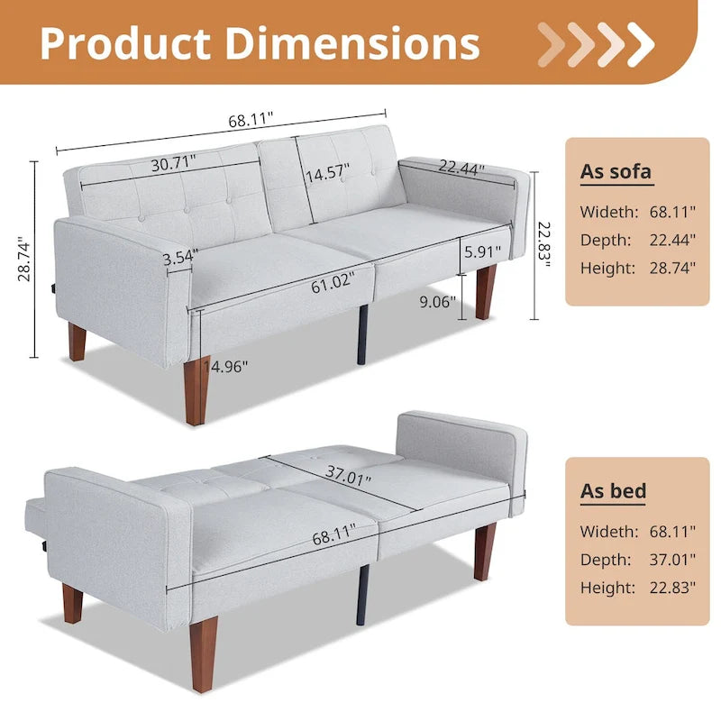 Canapé-lit futon convertible en similicuir gris avec dossier divisé réglable et pieds en bois – 2 places