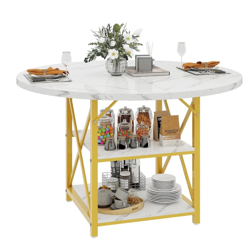 Table à manger ronde avec étagères de rangement et pieds en métal – Blanc/Doré et Chêne/Noir – 4 à 6 places