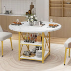 Table à manger ronde avec étagères de rangement et pieds en métal – Blanc/Doré et Chêne/Noir – 4 à 6 places