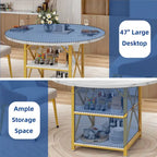 Table à manger ronde avec étagères de rangement et pieds en métal – Blanc/Doré et Chêne/Noir – 4 à 6 places