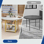 Table à manger ronde avec étagères de rangement et pieds en métal – Blanc/Doré et Chêne/Noir – 4 à 6 places