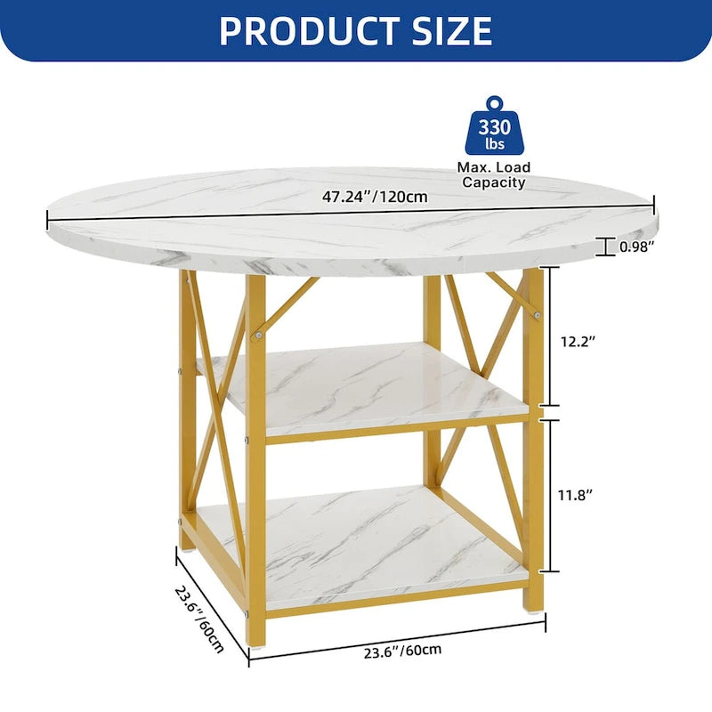 Table à manger ronde avec étagères de rangement et pieds en métal – Blanc/Doré et Chêne/Noir – 4 à 6 places