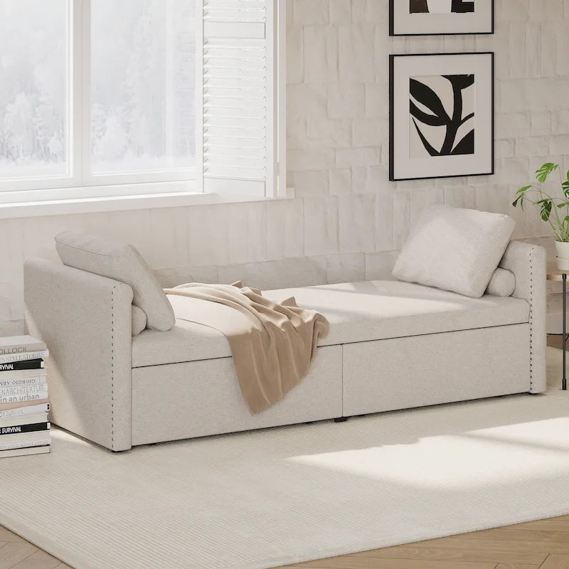 Lit de repos / Chaise longue en lin gris / beige / rose avec 2 tiroirs de rangement et oreillers inclus – Lit simple (sans matelas)