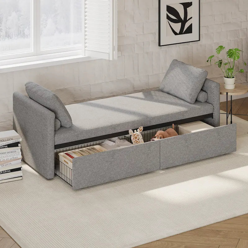 Lit de repos / Chaise longue en lin gris / beige / rose avec 2 tiroirs de rangement et oreillers inclus – Lit simple (sans matelas)
