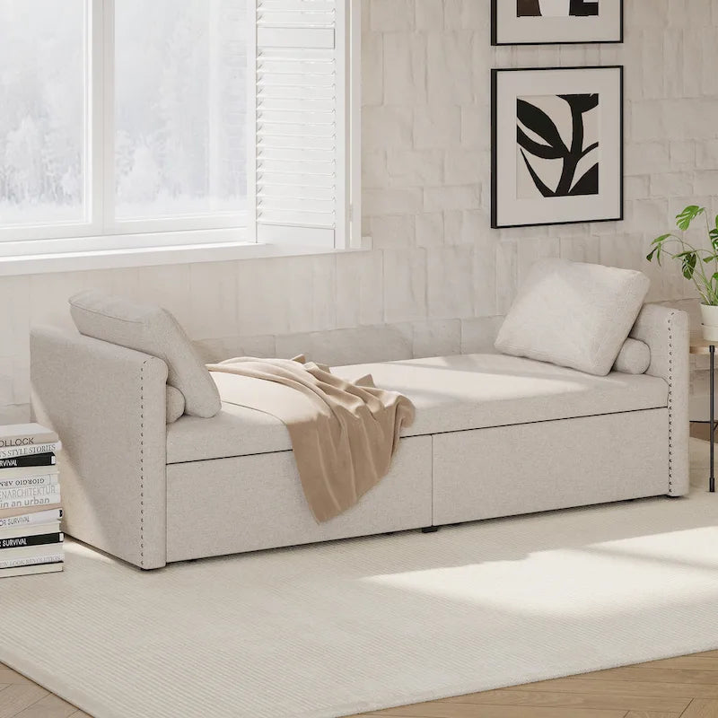 Lit de repos / Chaise longue en lin gris / beige / rose avec 2 tiroirs de rangement et oreillers inclus – Lit simple (sans matelas)