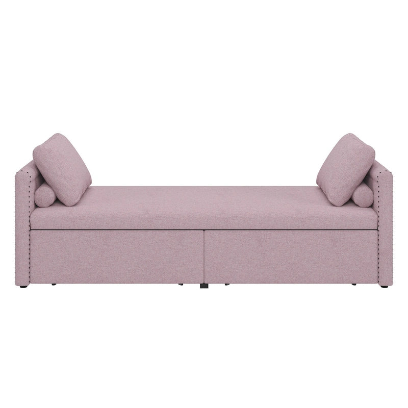 Lit de repos / Chaise longue en lin gris / beige / rose avec 2 tiroirs de rangement et oreillers inclus – Lit simple (sans matelas)