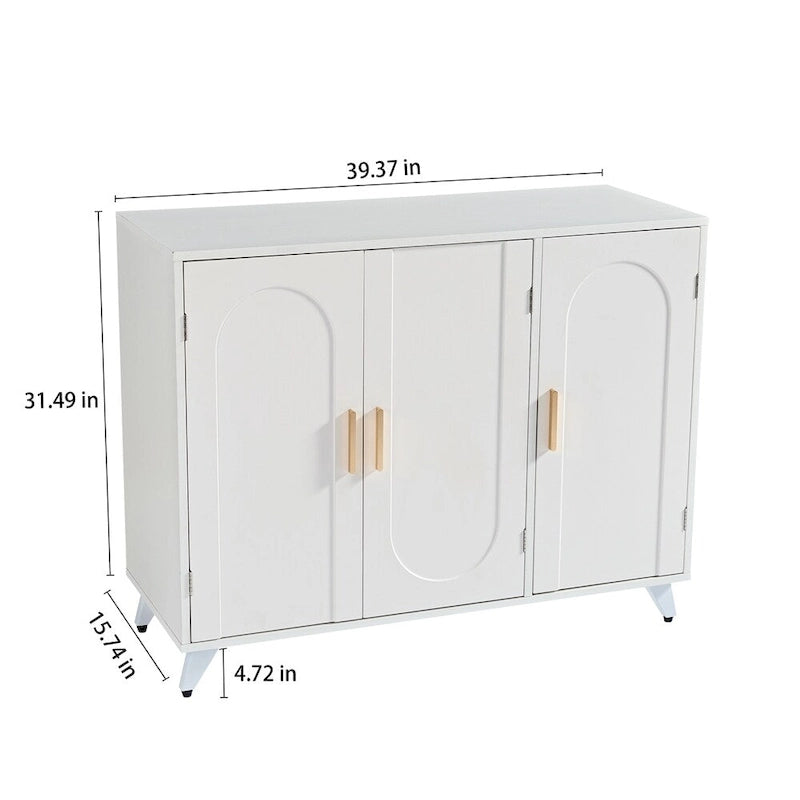 Buffet en MDF blanc et doré avec 3 portes, motif de vagues et charnières à fermeture douce – Meuble Individuel