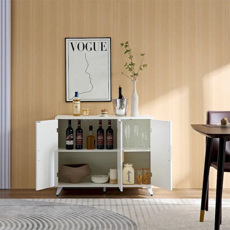 Buffet en MDF blanc et doré avec 3 portes, motif de vagues et charnières à fermeture douce – Meuble Individuel