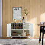 Buffet en MDF blanc et doré avec 3 portes, motif de vagues et charnières à fermeture douce – Meuble Individuel