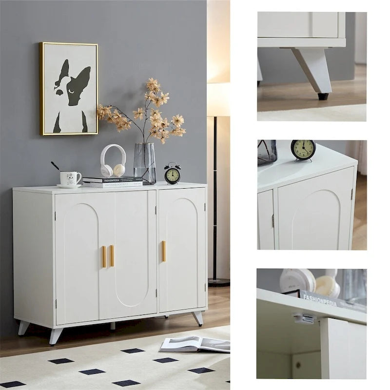 Buffet en MDF blanc et doré avec 3 portes, motif de vagues et charnières à fermeture douce – Meuble Individuel