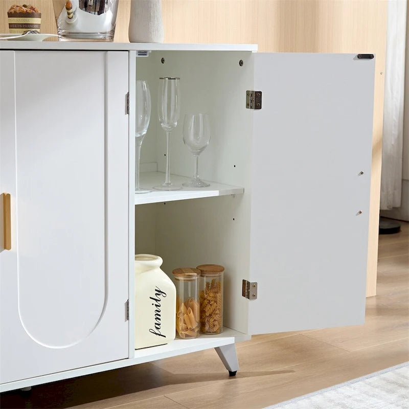 Buffet en MDF blanc et doré avec 3 portes, motif de vagues et charnières à fermeture douce – Meuble Individuel