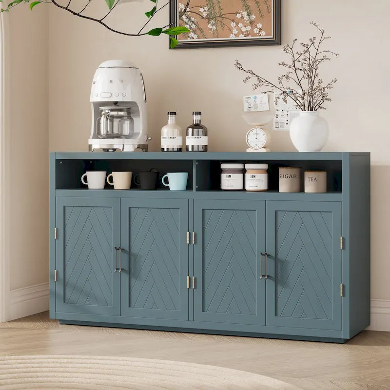 Vaisselier rétro à 4 portes Smoke Blue / Noir / Gris+Marron avec étagère ouverte et étagères intérieures réglables – Unité individuelle