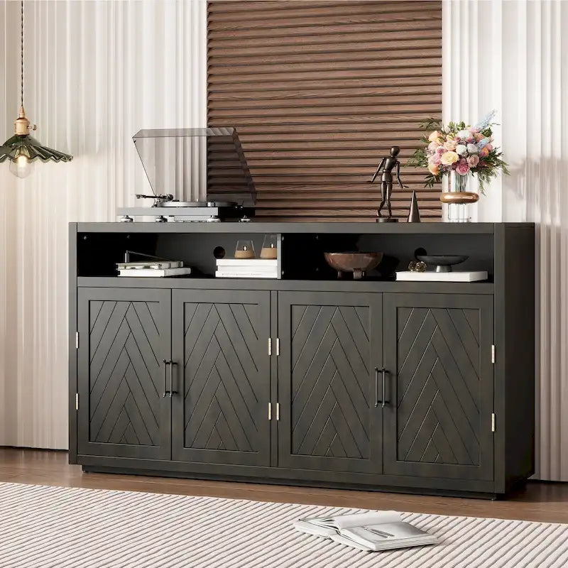 Vaisselier rétro à 4 portes Smoke Blue / Noir / Gris+Marron avec étagère ouverte et étagères intérieures réglables – Unité individuelle