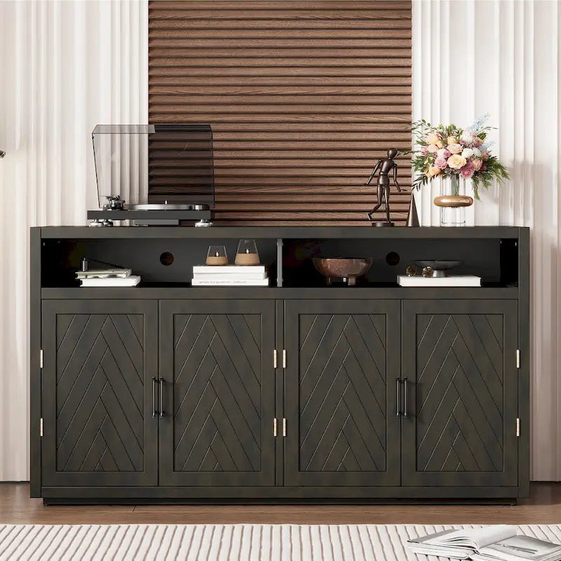 Vaisselier rétro à 4 portes Smoke Blue / Noir / Gris+Marron avec étagère ouverte et étagères intérieures réglables – Unité individuelle