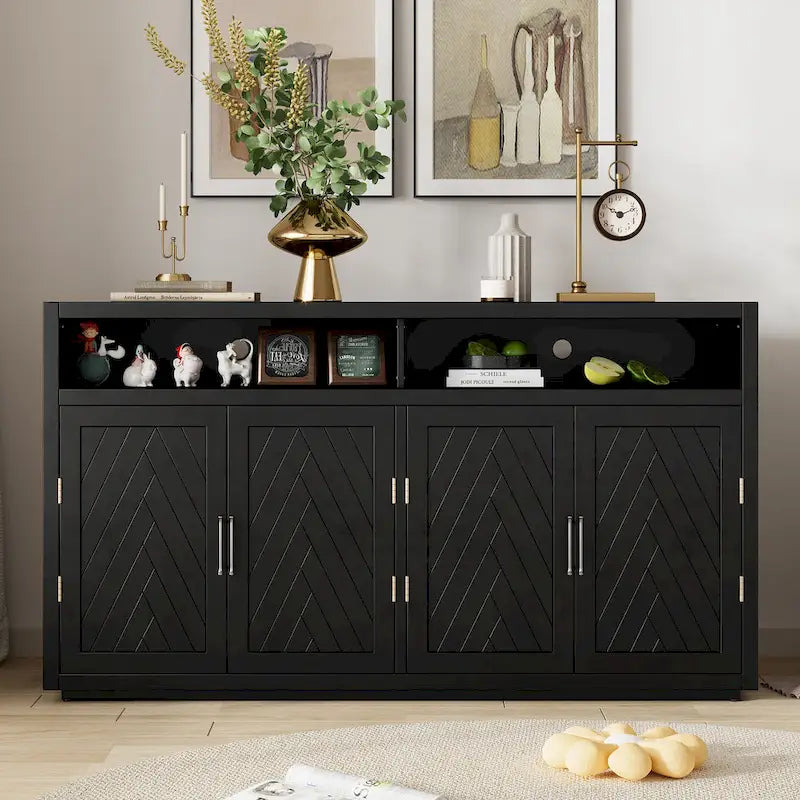 Vaisselier rétro à 4 portes Smoke Blue / Noir / Gris+Marron avec étagère ouverte et étagères intérieures réglables – Unité individuelle