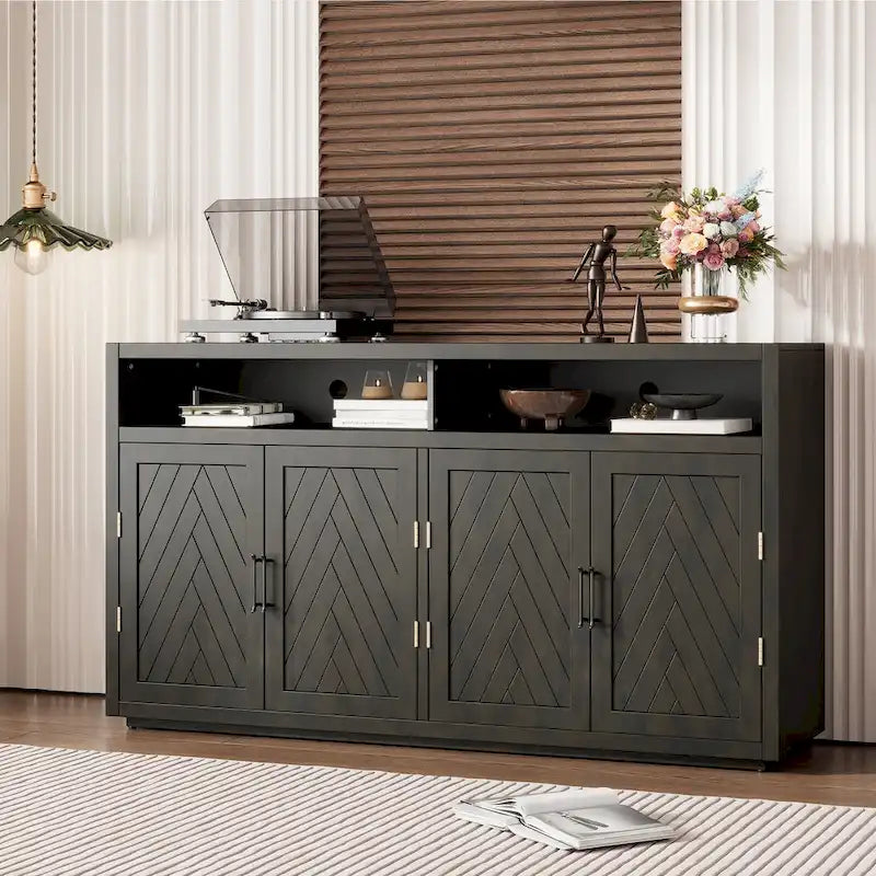 Vaisselier rétro à 4 portes Smoke Blue / Noir / Gris+Marron avec étagère ouverte et étagères intérieures réglables – Unité individuelle