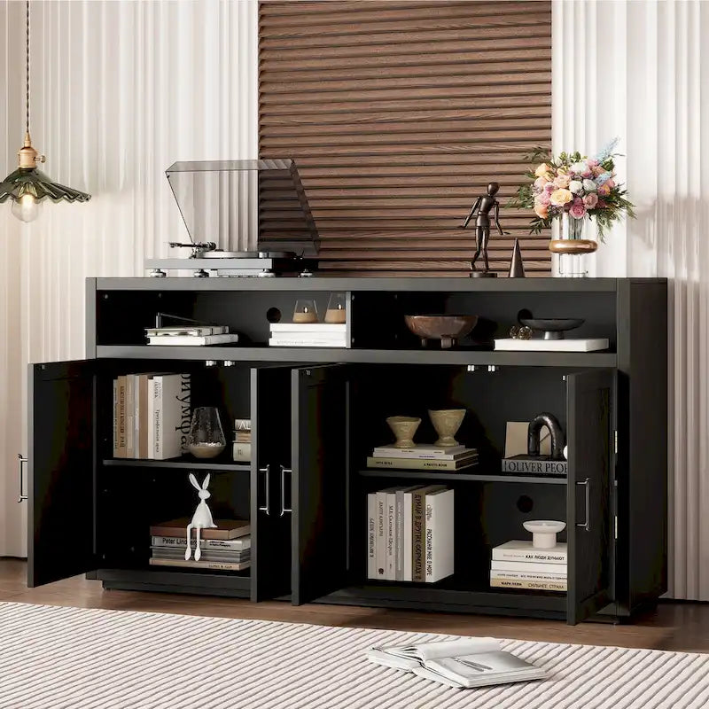Vaisselier rétro à 4 portes Smoke Blue / Noir / Gris+Marron avec étagère ouverte et étagères intérieures réglables – Unité individuelle
