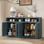Vaisselier rétro à 4 portes Smoke Blue / Noir / Gris+Marron avec étagère ouverte et étagères intérieures réglables – Unité individuelle