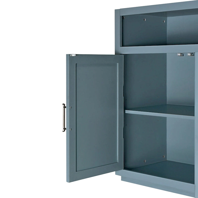Vaisselier rétro à 4 portes Smoke Blue / Noir / Gris+Marron avec étagère ouverte et étagères intérieures réglables – Unité individuelle