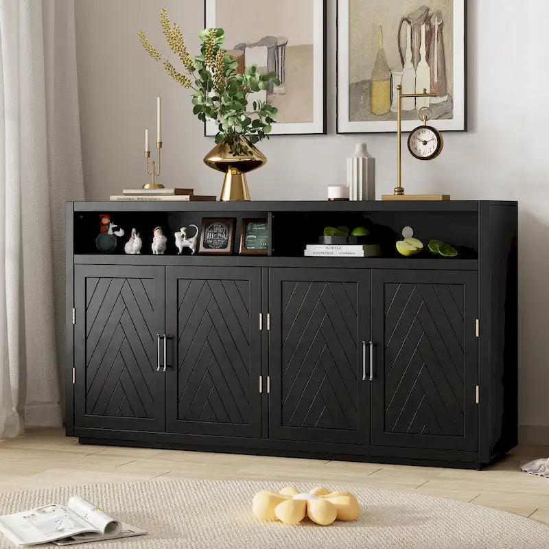 Vaisselier rétro à 4 portes Smoke Blue / Noir / Gris+Marron avec étagère ouverte et étagères intérieures réglables – Unité individuelle