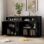 Vaisselier rétro à 4 portes Smoke Blue / Noir / Gris+Marron avec étagère ouverte et étagères intérieures réglables – Unité individuelle