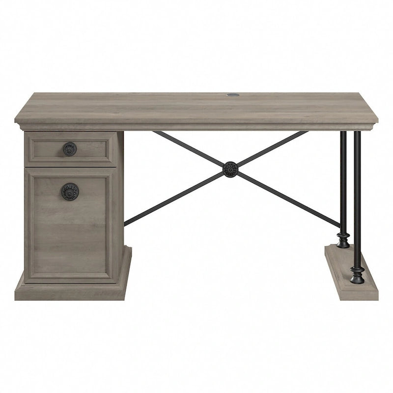 Bureau de travail moderne et industriel gris bois flotté avec tiroir de rangement, étagère réglable et gestion des câbles – Unité simple