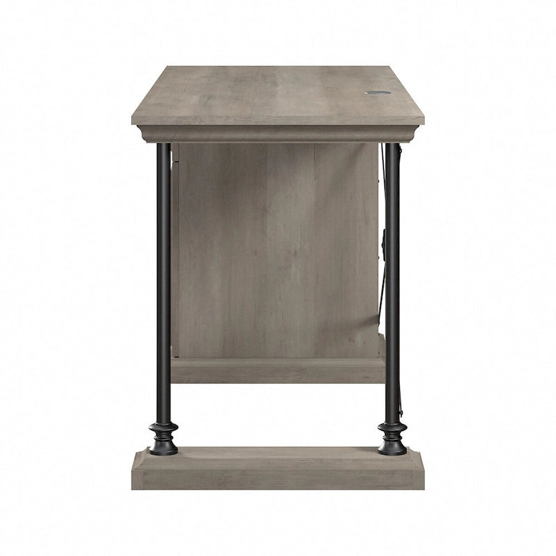 Bureau de travail moderne et industriel gris bois flotté avec tiroir de rangement, étagère réglable et gestion des câbles – Unité simple