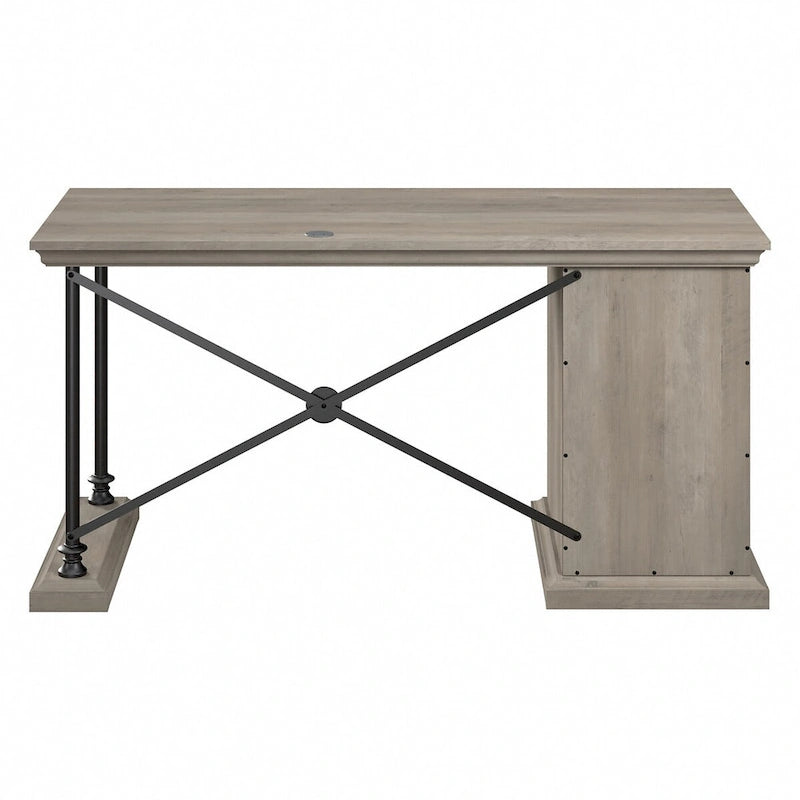 Bureau de travail moderne et industriel gris bois flotté avec tiroir de rangement, étagère réglable et gestion des câbles – Unité simple