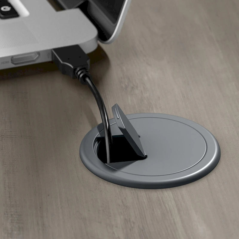 Bureau de travail moderne et industriel gris bois flotté avec tiroir de rangement, étagère réglable et gestion des câbles – Unité simple